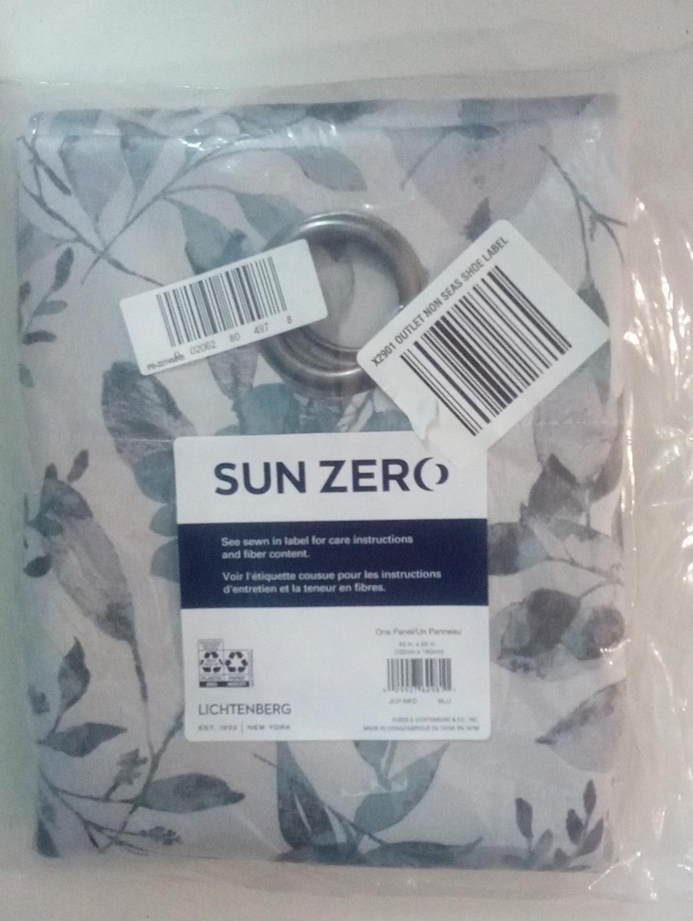 Lichtenberg Blue Leaf Grommet Curtain Panel 40 X 63" NWT $55